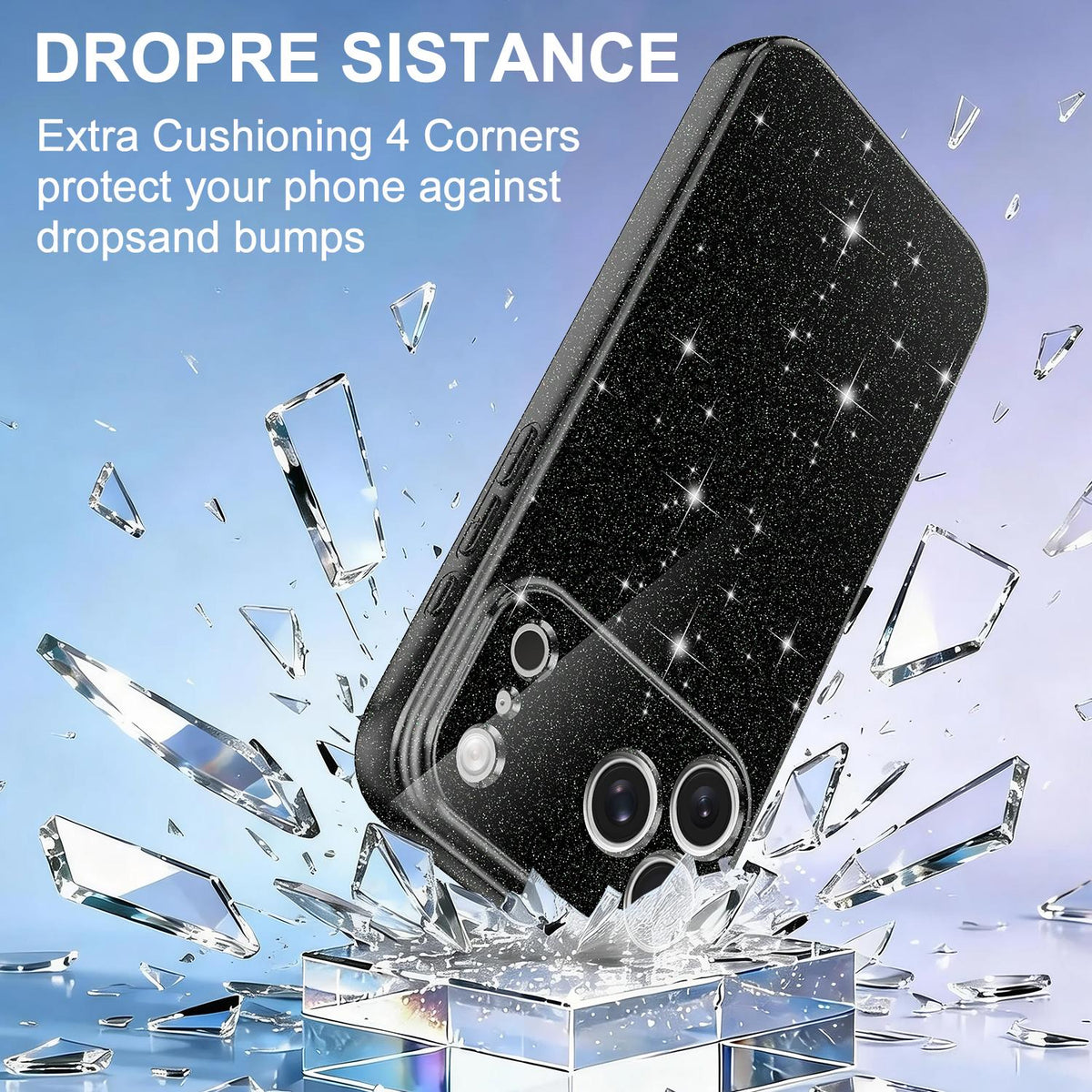 Compatible with iPhone 18 Pro Max Fine Hole Glossy Glitter Magnetic TPU Phone Case with Same Color Hand Strap - Black
