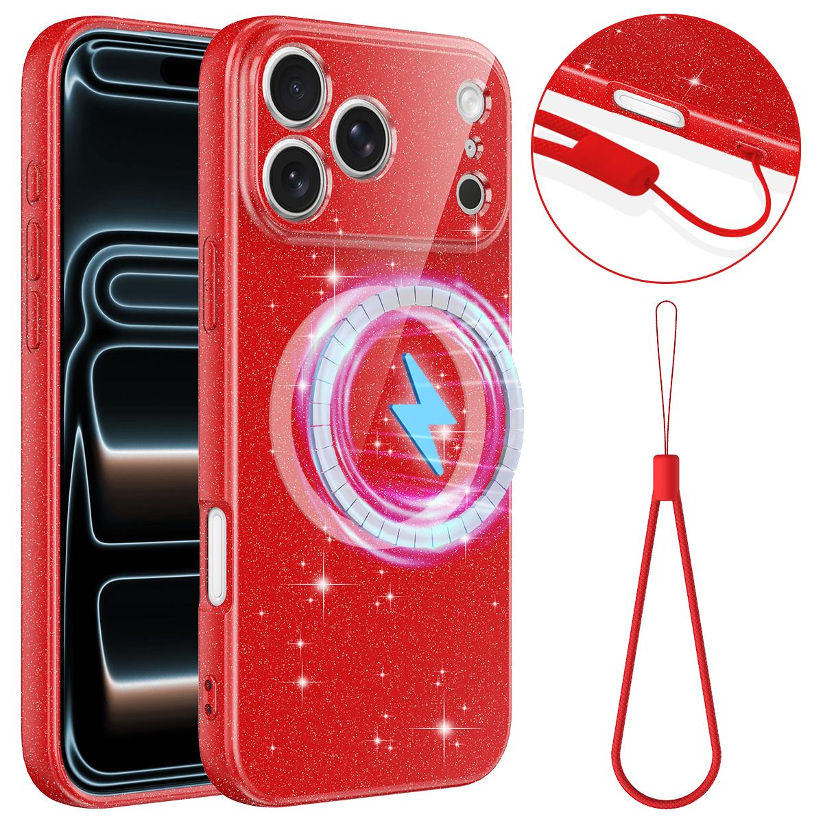 Compatible with iPhone 18 Pro Max Fine Hole Glossy Glitter Magnetic TPU Phone Case with Same Color Hand Strap - Red