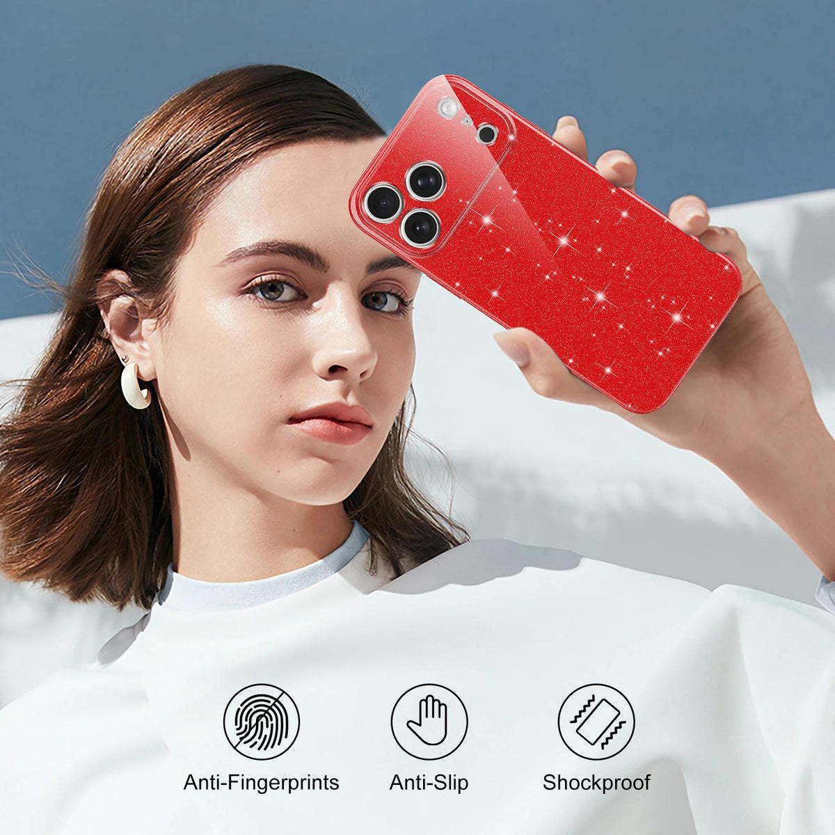 Compatible with iPhone 18 Pro Max Fine Hole Glossy Glitter Magnetic TPU Phone Case with Same Color Hand Strap - Red