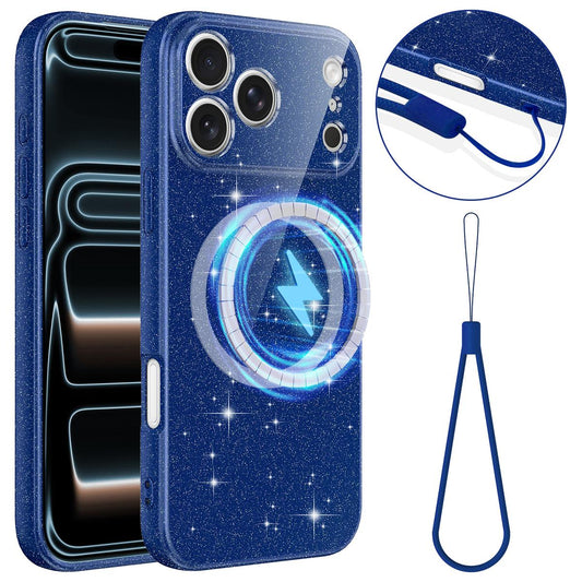 Compatible with iPhone 18 Pro Max Fine Hole Glossy Glitter Magnetic TPU Phone Case with Same Color Hand Strap - Blue