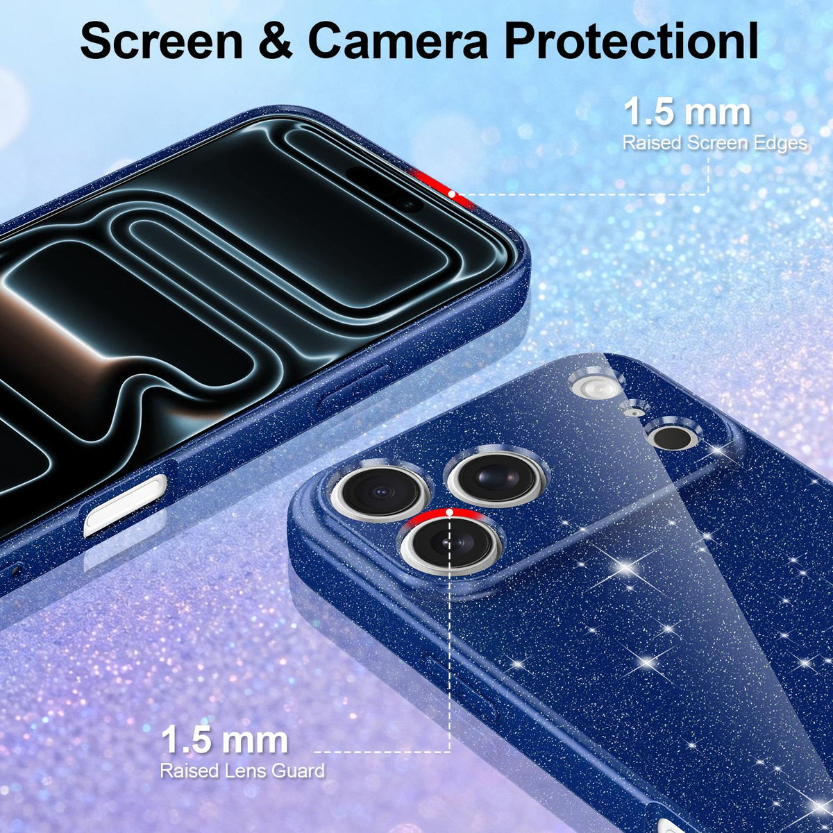 Compatible with iPhone 18 Pro Max Fine Hole Glossy Glitter Magnetic TPU Phone Case with Same Color Hand Strap - Blue