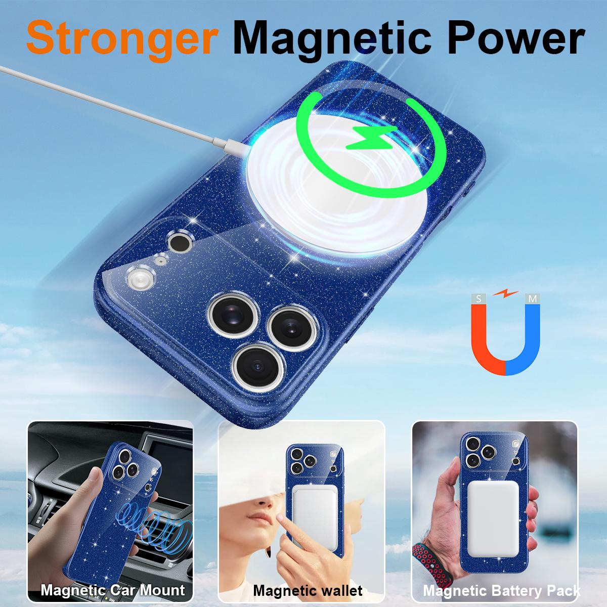 Compatible with iPhone 18 Pro Max Fine Hole Glossy Glitter Magnetic TPU Phone Case with Same Color Hand Strap - Blue