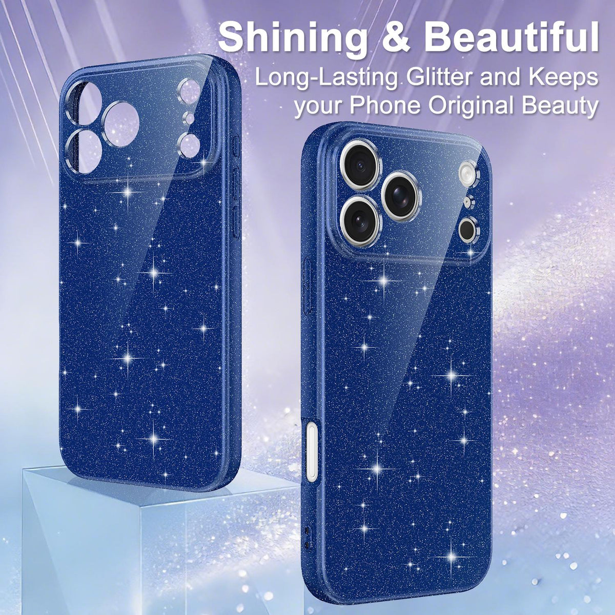 Compatible with iPhone 18 Pro Max Fine Hole Glossy Glitter Magnetic TPU Phone Case with Same Color Hand Strap - Blue