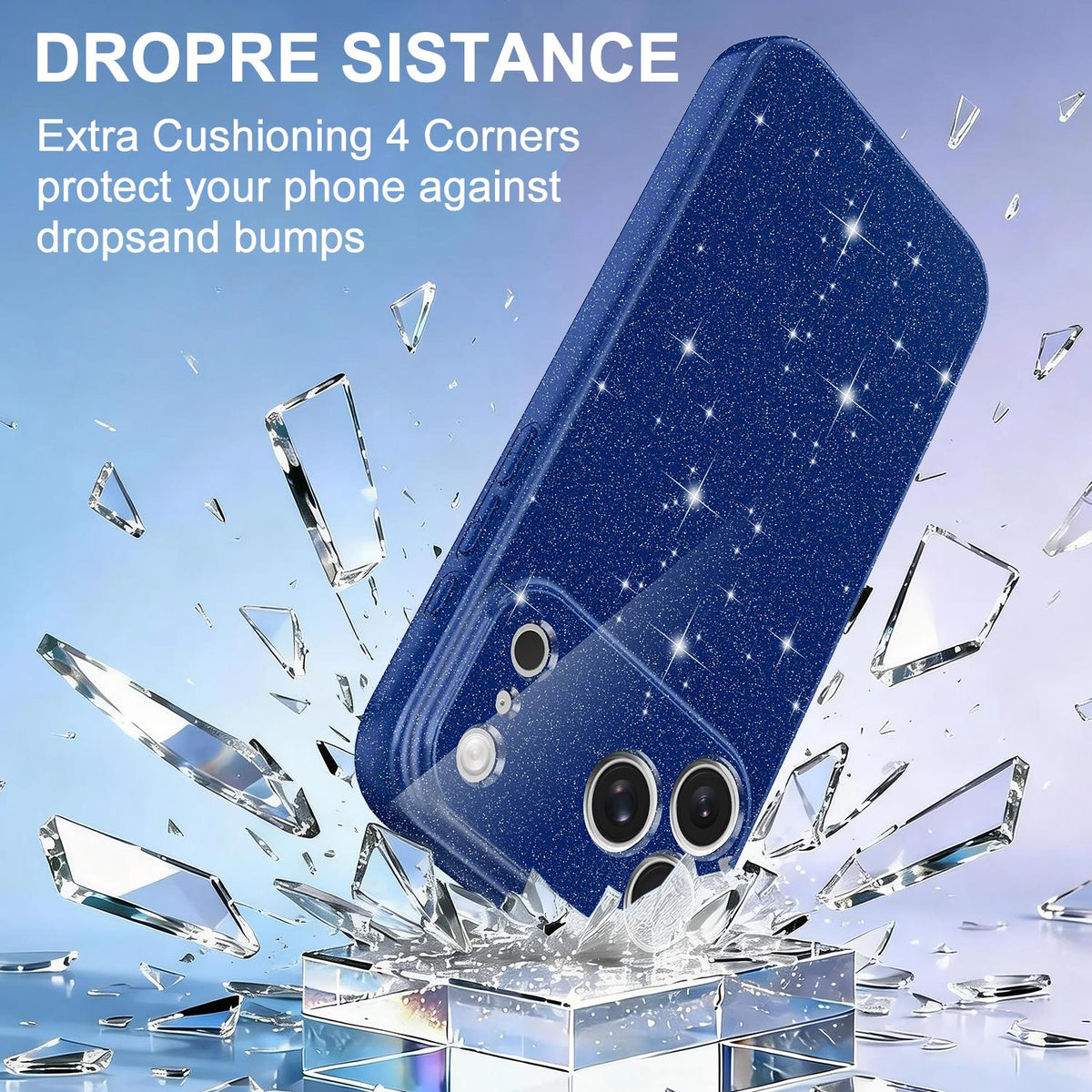 Compatible with iPhone 18 Pro Max Fine Hole Glossy Glitter Magnetic TPU Phone Case with Same Color Hand Strap - Blue