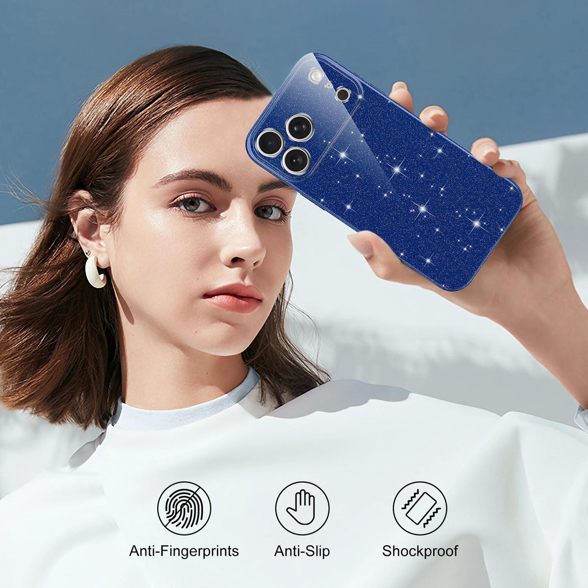 Compatible with iPhone 18 Pro Max Fine Hole Glossy Glitter Magnetic TPU Phone Case with Same Color Hand Strap - Blue