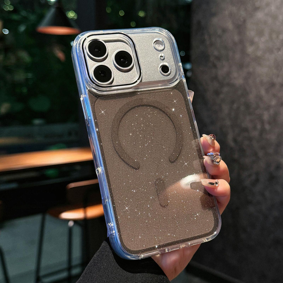 Compatible with iPhone 18 Pro Max Crystal Shimmer Acrylic Magnetic Phone Case - Black