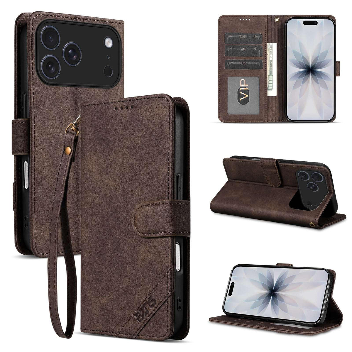 Compatible with iPhone 18 Pro Max AZNS A2 Series Tri-Card Wallet RFID Vegan Leather Phone Case with Strap - Brown