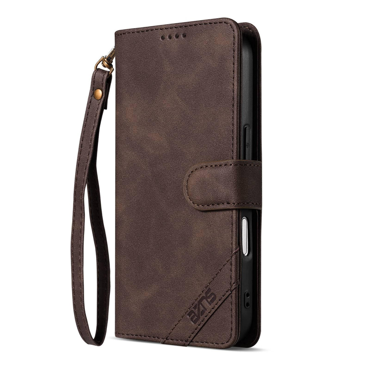 Compatible with iPhone 18 Pro Max AZNS A2 Series Tri-Card Wallet RFID Vegan Leather Phone Case with Strap - Brown