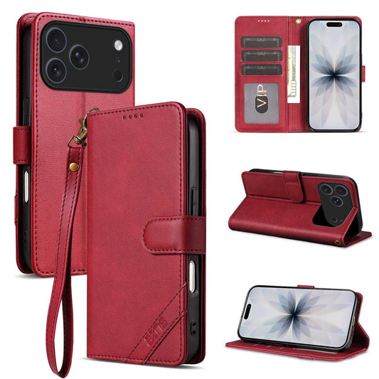 Compatible with iPhone 18 Pro Max AZNS A2 Series Tri-Card Wallet RFID Vegan Leather Phone Case with Strap - Red