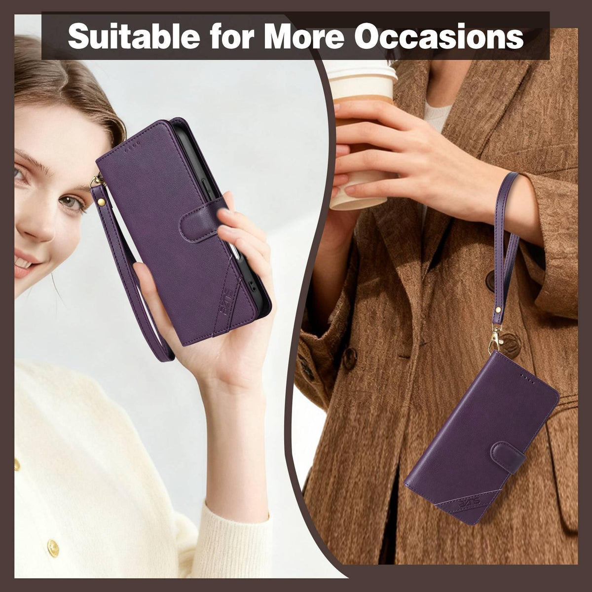 Compatible with iPhone 18 Pro Max AZNS A2 Series Tri-Card Wallet RFID Vegan Leather Phone Case with Strap - Red