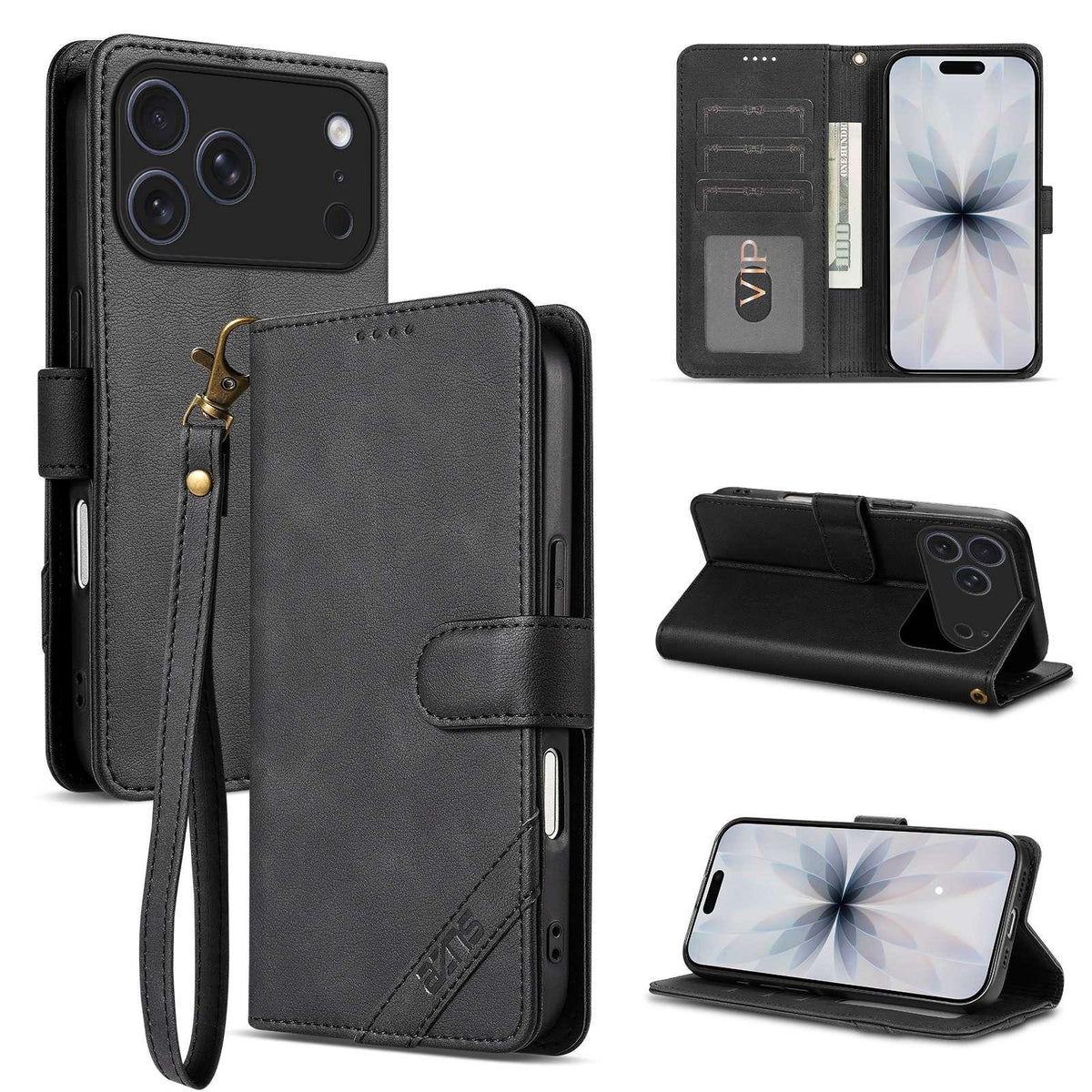 Compatible with iPhone 18 Pro Max AZNS A2 Series Tri-Card Wallet RFID Vegan Leather Phone Case with Strap - Black