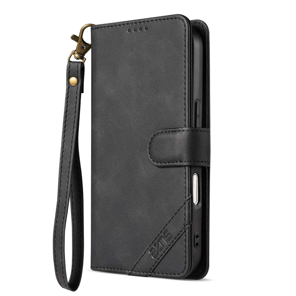 Compatible with iPhone 18 Pro Max AZNS A2 Series Tri-Card Wallet RFID Vegan Leather Phone Case with Strap - Black