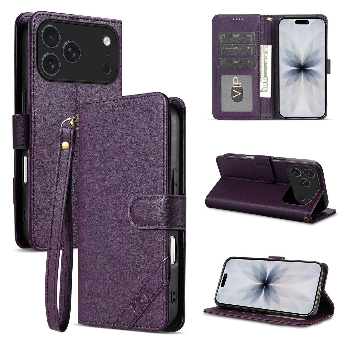 Compatible with iPhone 18 Pro AZNS A2 Series Tri-Card Wallet RFID Vegan Leather Phone Case with Strap - Purple