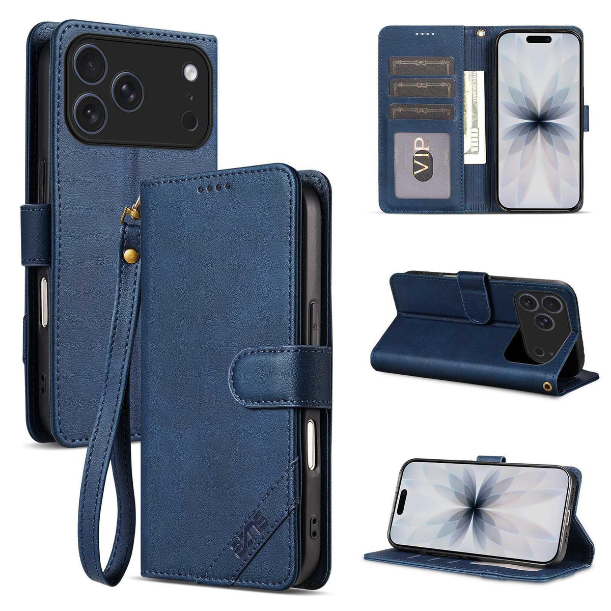 Compatible with iPhone 18 Pro AZNS A2 Series Tri-Card Wallet RFID Vegan Leather Phone Case with Strap - Blue