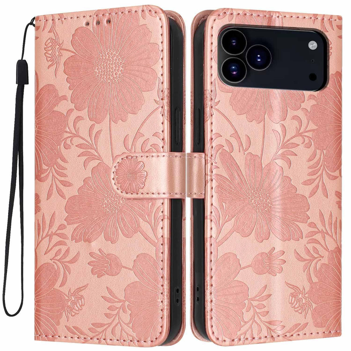 Compatible with iPhone 18 Pro Max Sunflower Embossed Vegan Leather Phone Case with Small Black Rope - Rose Gold