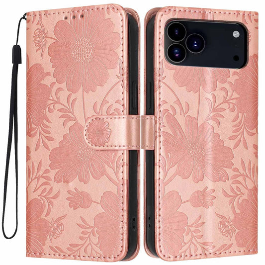 Compatible with iPhone 18 Pro Max Sunflower Embossed Vegan Leather Phone Case with Small Black Rope - Rose Gold