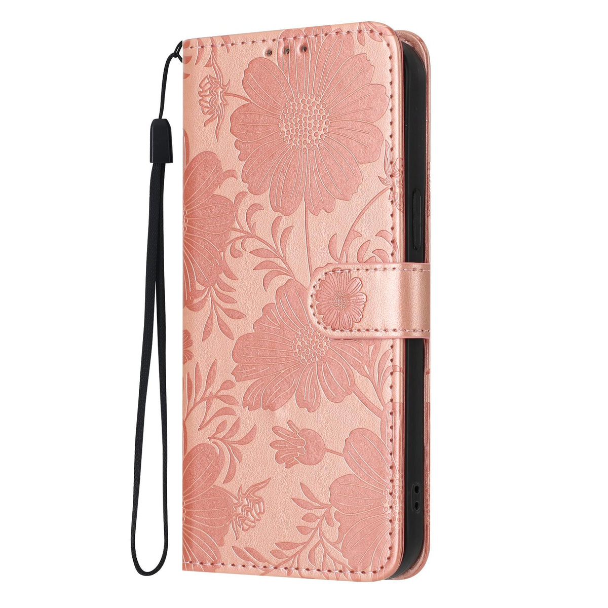 Compatible with iPhone 18 Pro Max Sunflower Embossed Vegan Leather Phone Case with Small Black Rope - Rose Gold