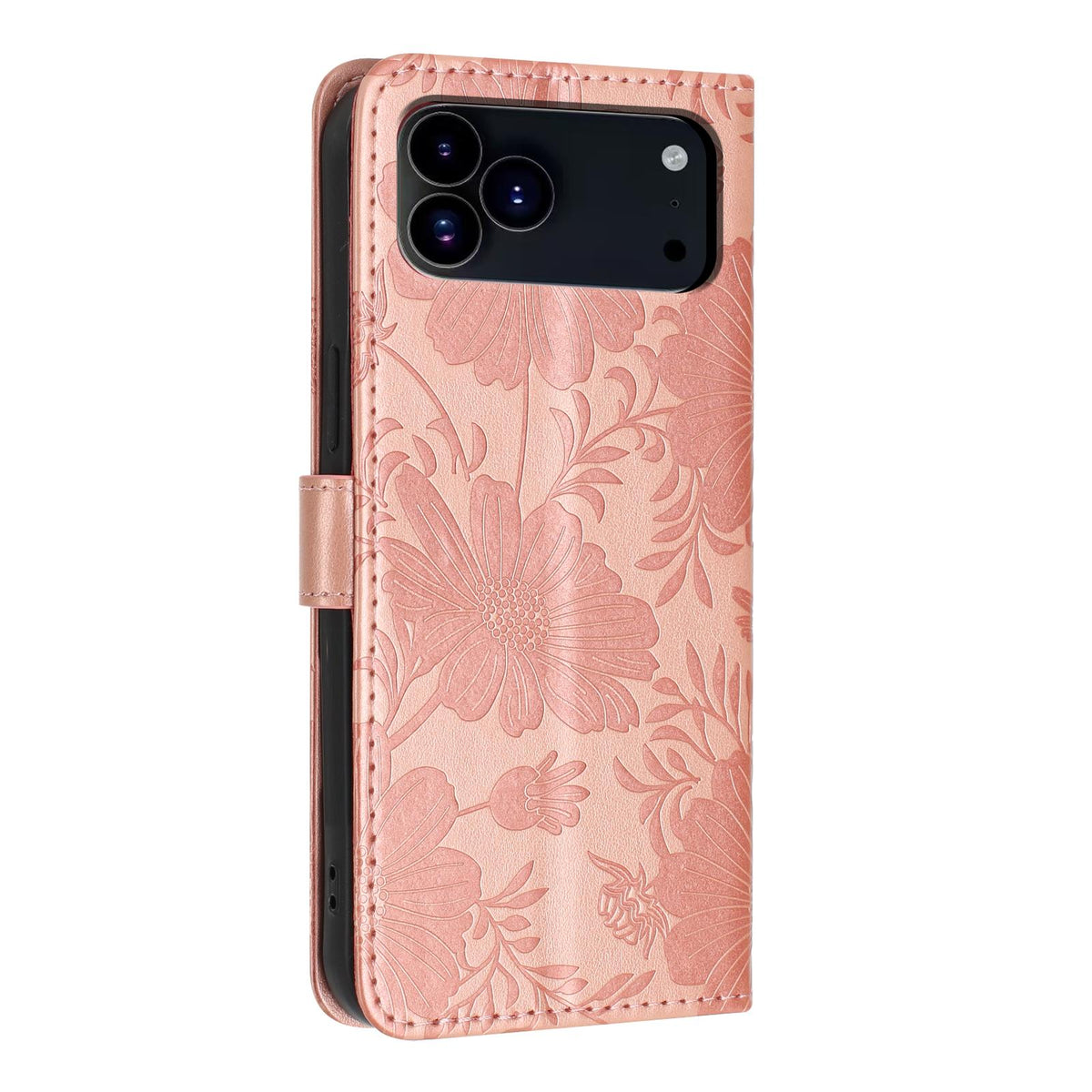 Compatible with iPhone 18 Pro Max Sunflower Embossed Vegan Leather Phone Case with Small Black Rope - Rose Gold