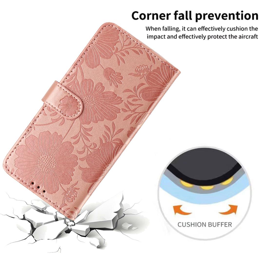 Compatible with iPhone 18 Pro Max Sunflower Embossed Vegan Leather Phone Case with Small Black Rope - Rose Gold