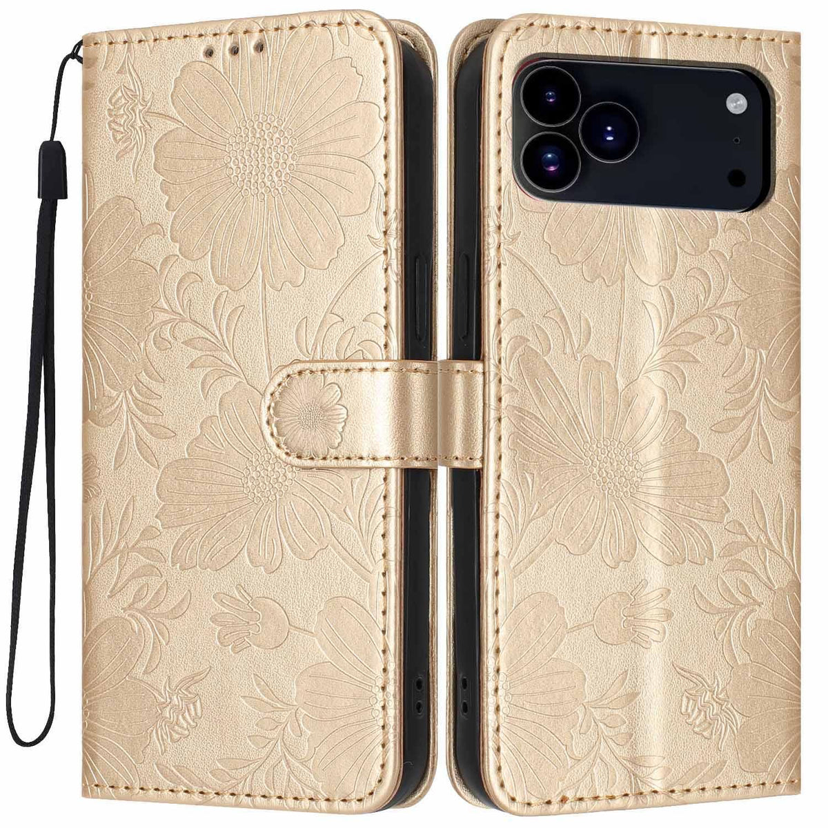 Compatible with iPhone 18 Pro Max Sunflower Embossed Vegan Leather Phone Case with Small Black Rope - Gold