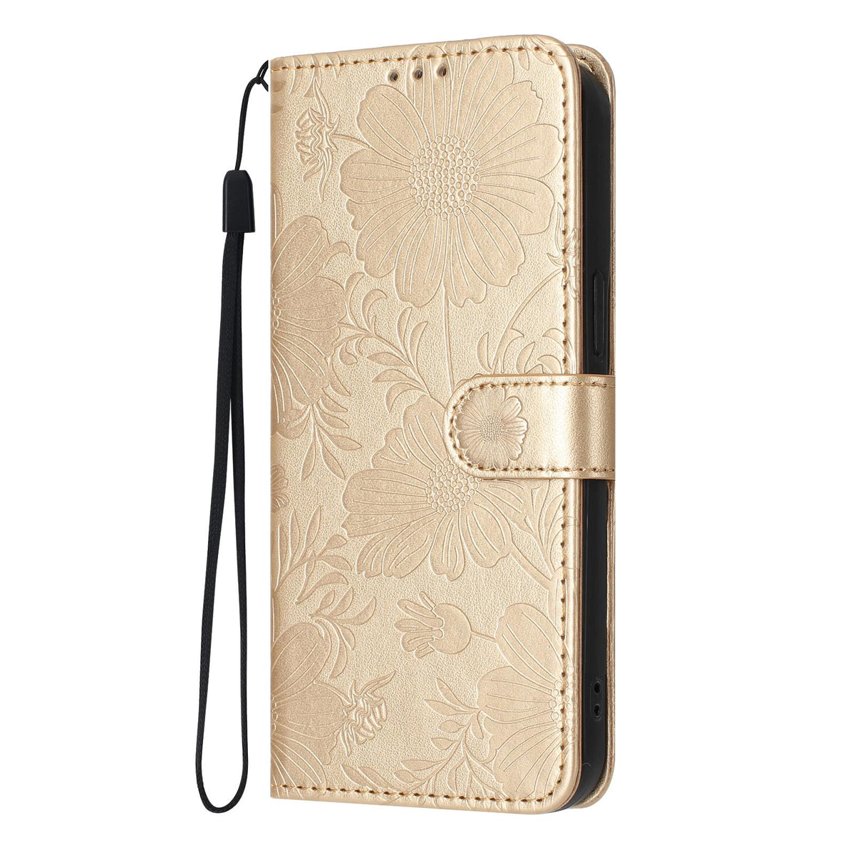 Compatible with iPhone 18 Pro Max Sunflower Embossed Vegan Leather Phone Case with Small Black Rope - Gold