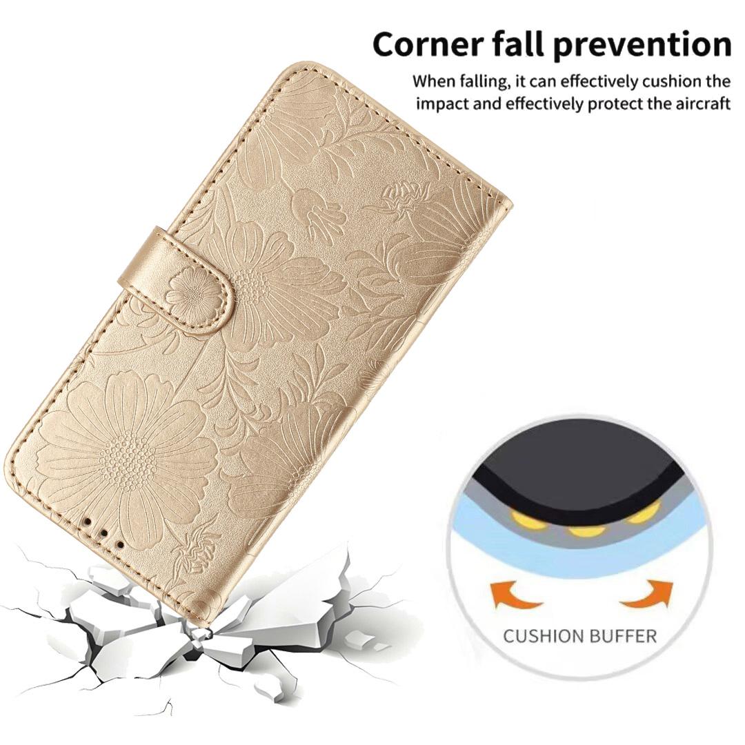 Compatible with iPhone 18 Pro Max Sunflower Embossed Vegan Leather Phone Case with Small Black Rope - Gold
