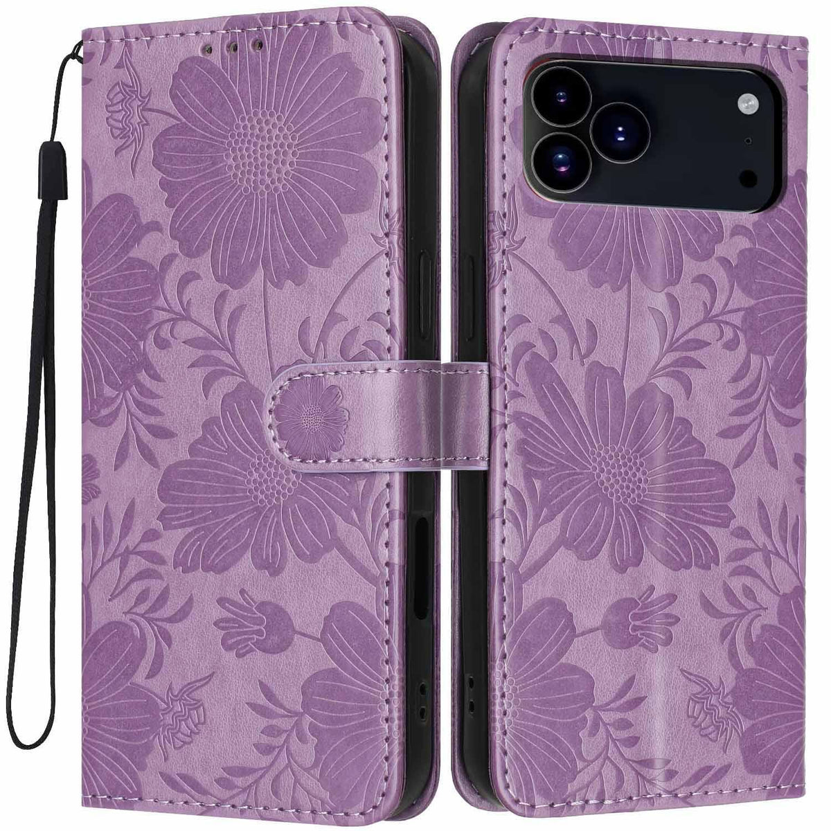 Compatible with iPhone 18 Pro Max Sunflower Embossed Vegan Leather Phone Case with Small Black Rope - Purple