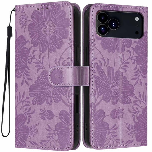 Compatible with iPhone 18 Pro Max Sunflower Embossed Vegan Leather Phone Case with Small Black Rope - Purple