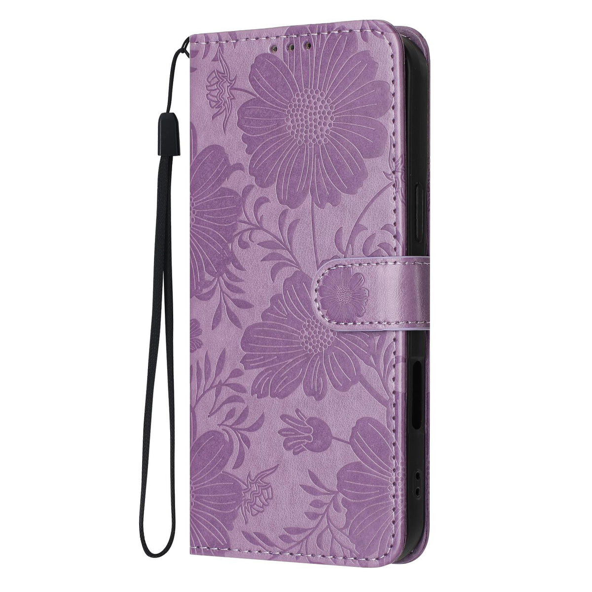 Compatible with iPhone 18 Pro Max Sunflower Embossed Vegan Leather Phone Case with Small Black Rope - Purple