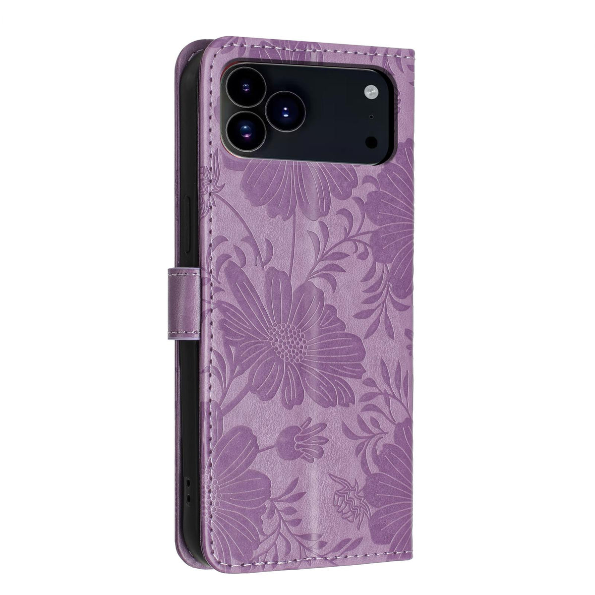 Compatible with iPhone 18 Pro Max Sunflower Embossed Vegan Leather Phone Case with Small Black Rope - Purple