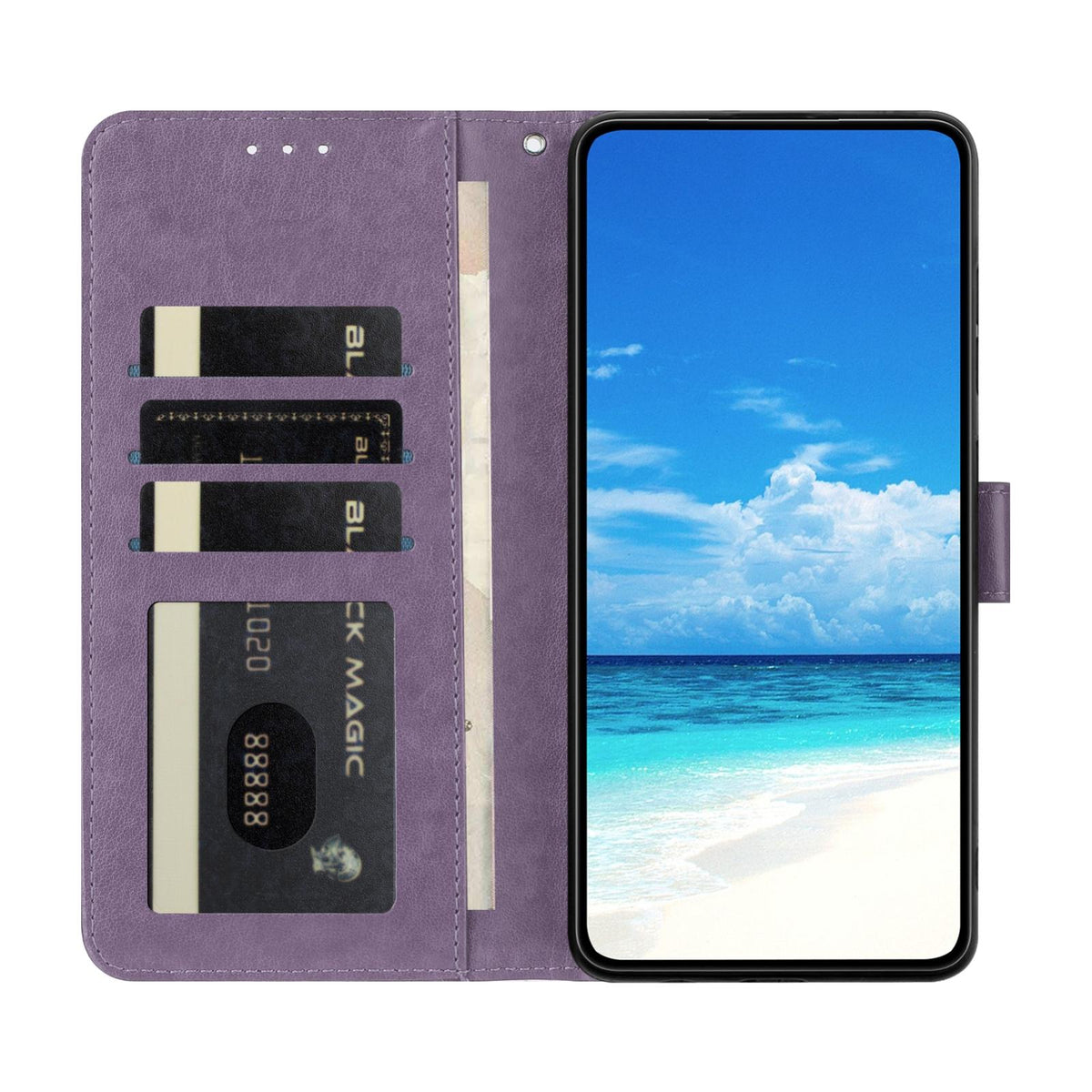 Compatible with iPhone 18 Pro Max Sunflower Embossed Vegan Leather Phone Case with Small Black Rope - Purple