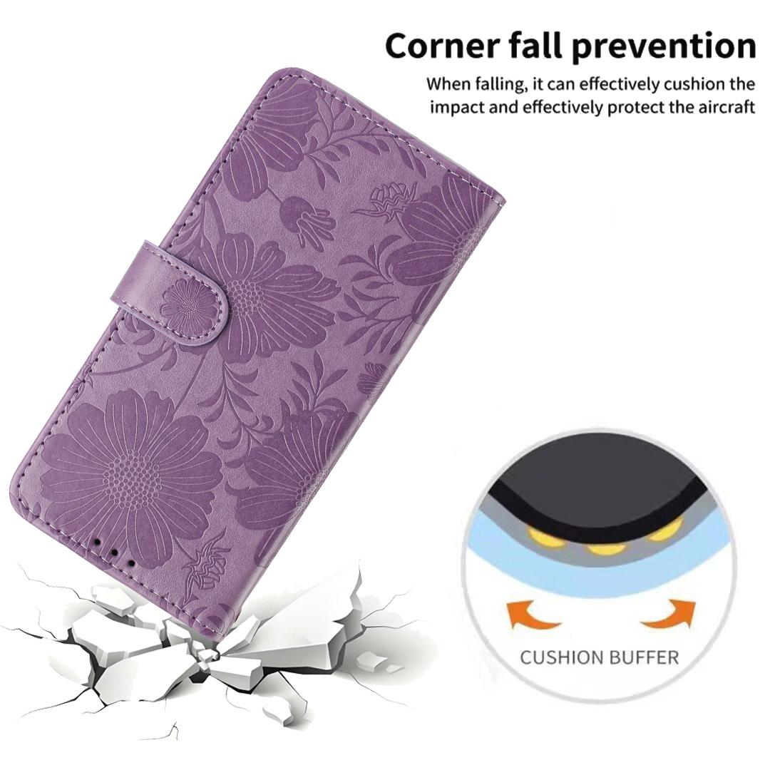 Compatible with iPhone 18 Pro Max Sunflower Embossed Vegan Leather Phone Case with Small Black Rope - Purple
