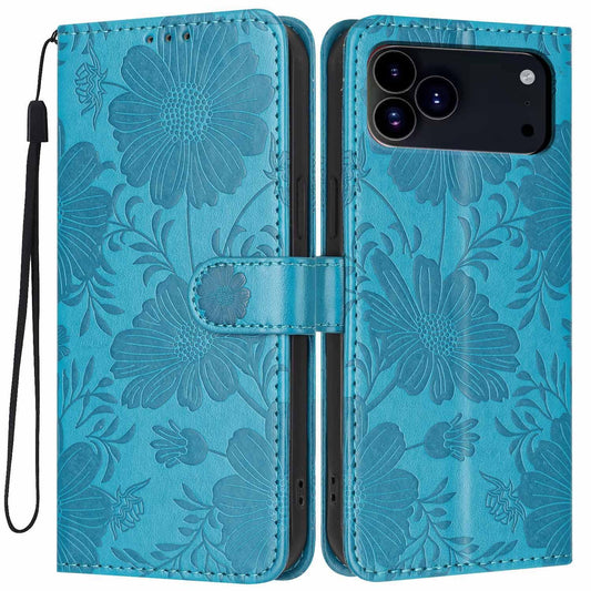Compatible with iPhone 18 Pro Max Sunflower Embossed Vegan Leather Phone Case with Small Black Rope - Blue