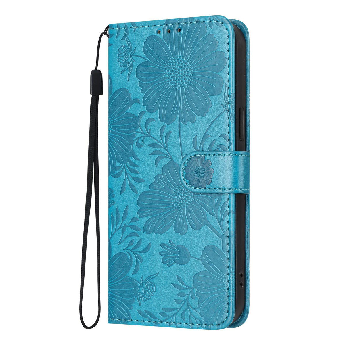 Compatible with iPhone 18 Pro Max Sunflower Embossed Vegan Leather Phone Case with Small Black Rope - Blue