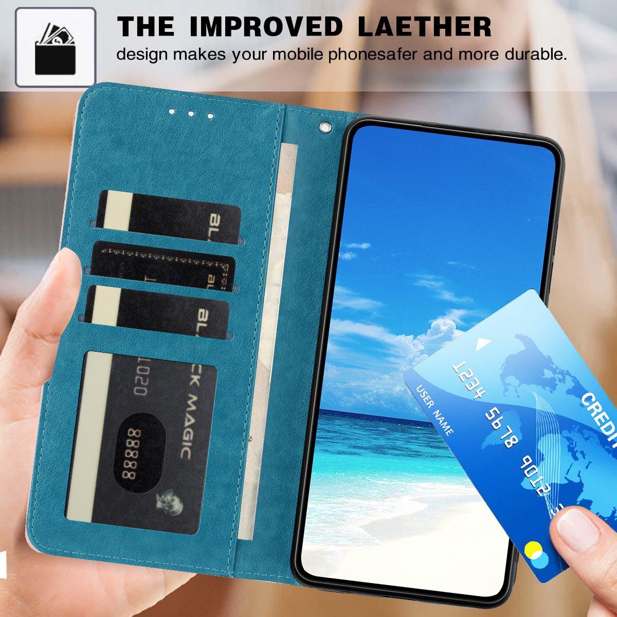 Compatible with iPhone 18 Pro Max Sunflower Embossed Vegan Leather Phone Case with Small Black Rope - Blue
