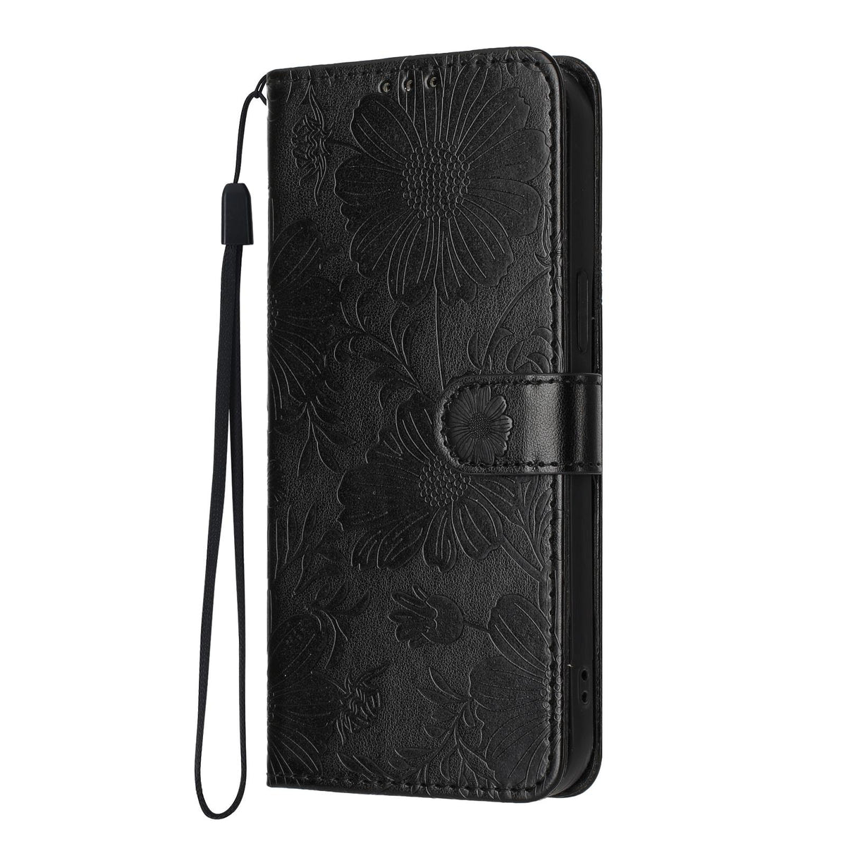 Compatible with iPhone 18 Pro Max Sunflower Embossed Vegan Leather Phone Case with Small Black Rope - Black