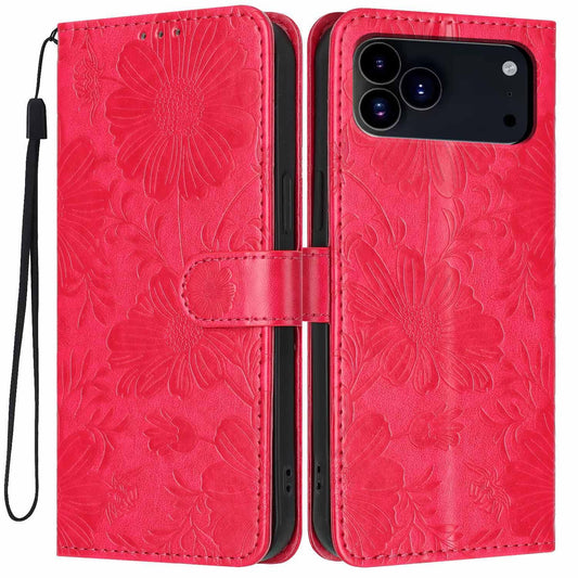 Compatible with iPhone 18 Pro Max Sunflower Embossed Vegan Leather Phone Case with Small Black Rope - Red