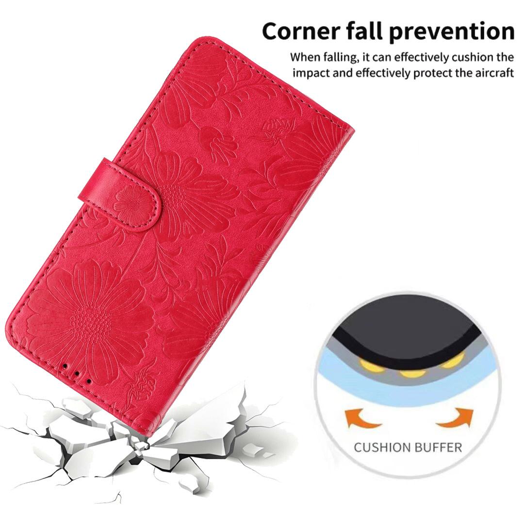 Compatible with iPhone 18 Pro Max Sunflower Embossed Vegan Leather Phone Case with Small Black Rope - Red