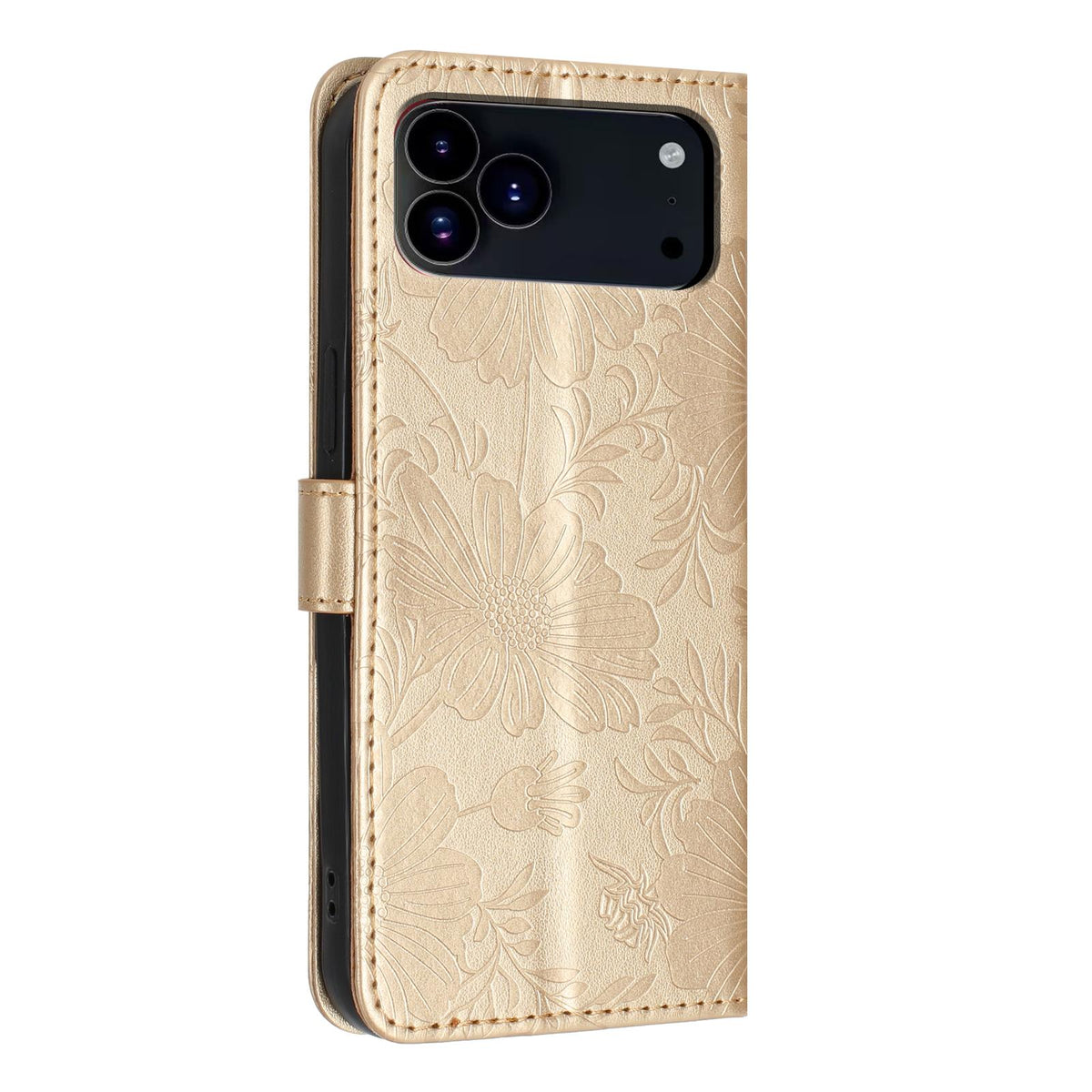Compatible with iPhone 18 Pro Sunflower Embossed Vegan Leather Phone Case with Small Black Rope - Gold
