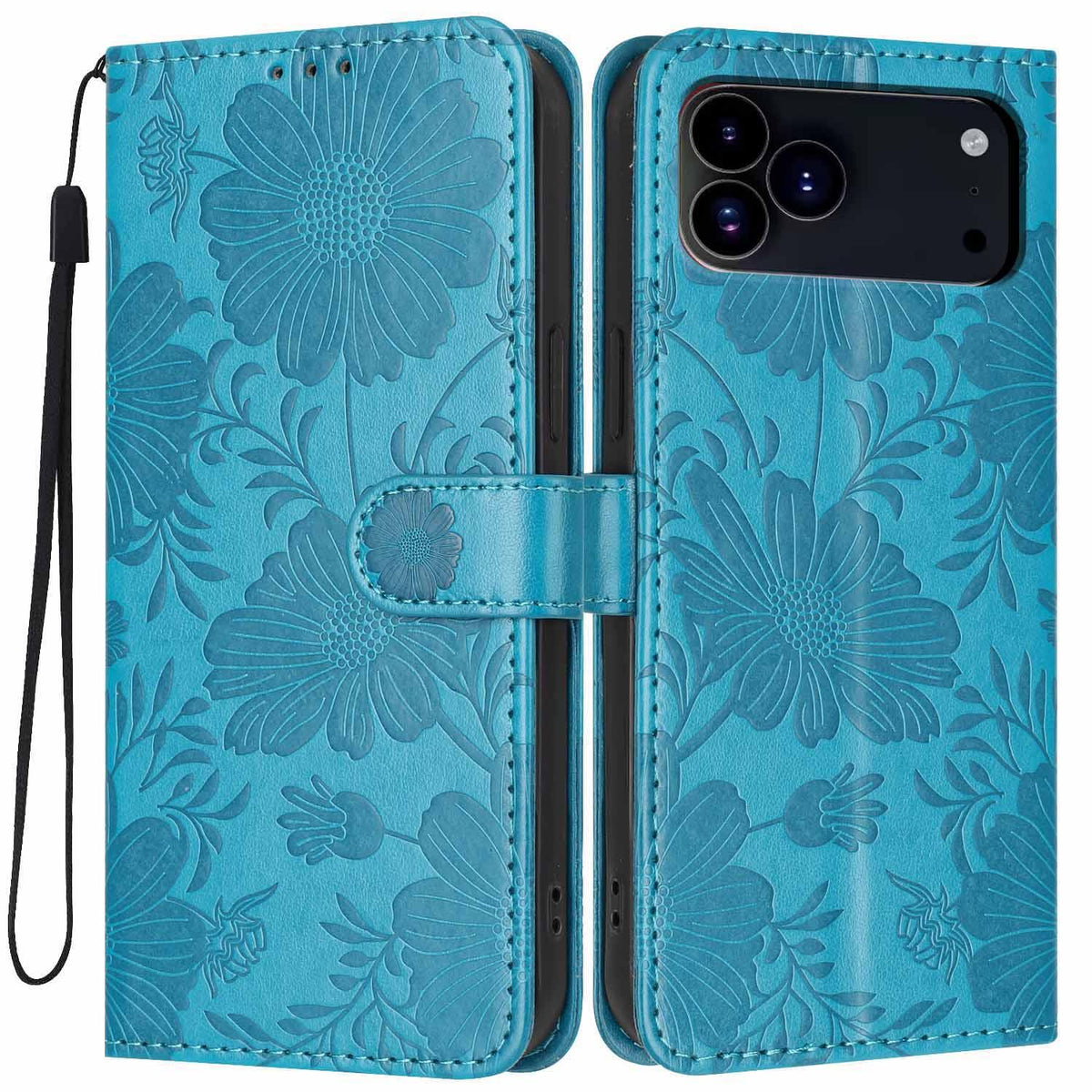 Compatible with iPhone 18 Pro Sunflower Embossed Vegan Leather Phone Case with Small Black Rope - Blue