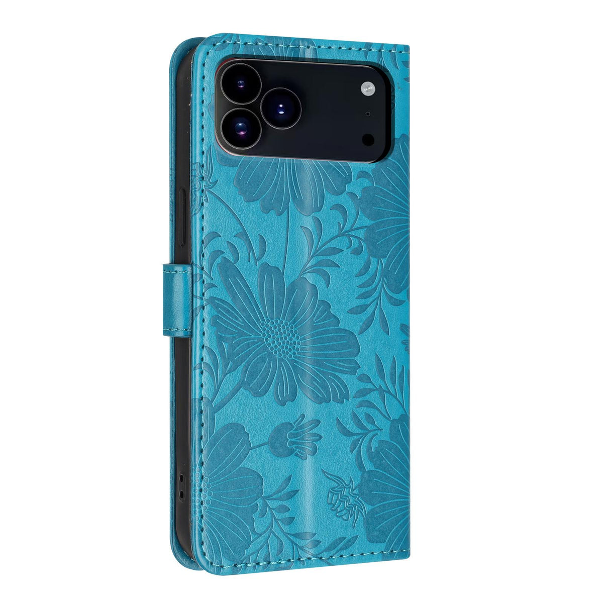 Compatible with iPhone 18 Pro Sunflower Embossed Vegan Leather Phone Case with Small Black Rope - Blue