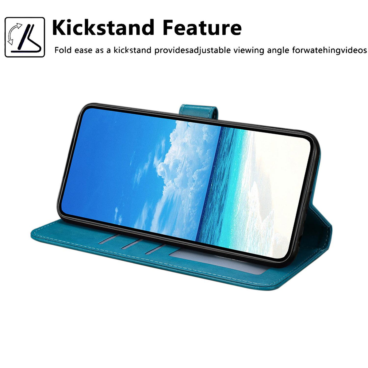 Compatible with iPhone 18 Pro Sunflower Embossed Vegan Leather Phone Case with Small Black Rope - Blue