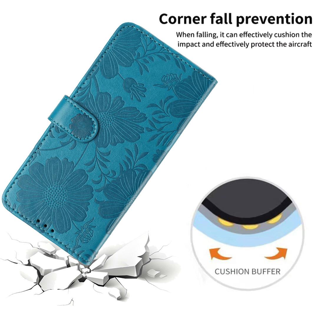 Compatible with iPhone 18 Pro Sunflower Embossed Vegan Leather Phone Case with Small Black Rope - Blue