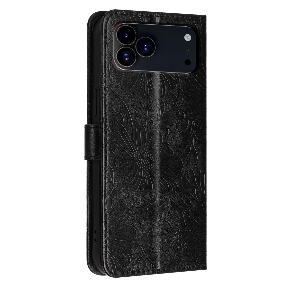 Compatible with iPhone 18 Pro Sunflower Embossed Vegan Leather Phone Case with Small Black Rope - Black