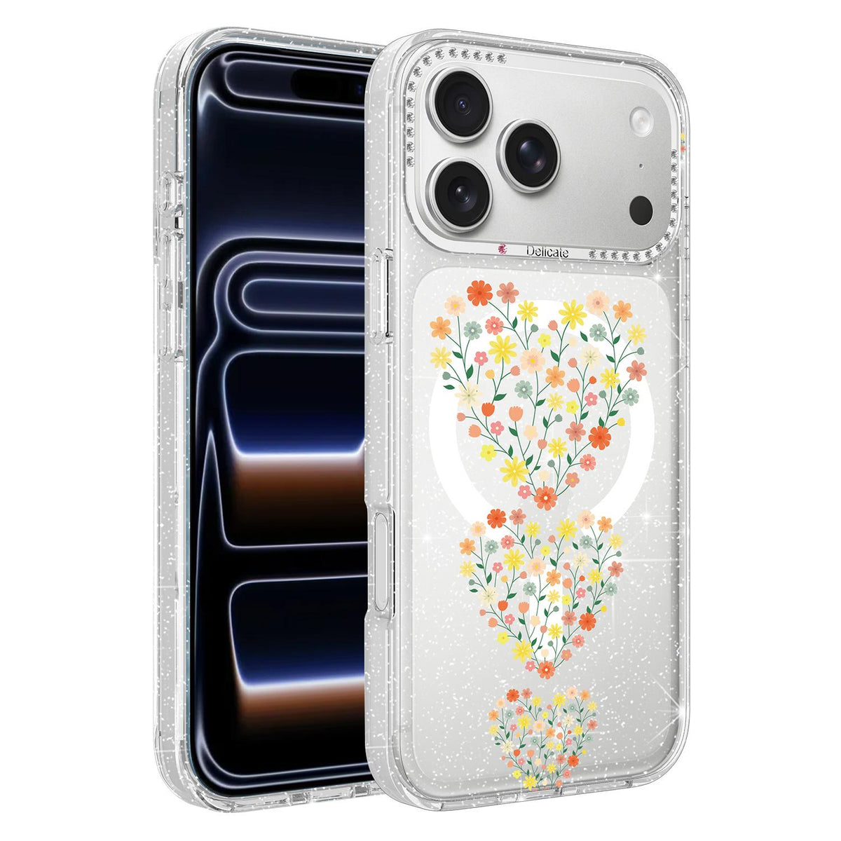 Compatible with iPhone 18 Pro Max Flower Pattern IMD Glitter Magnetic Phone Case - Heart-shaped Flower Clusters