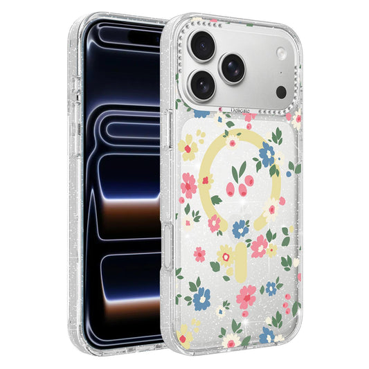 Compatible with iPhone 18 Pro Max Flower Pattern IMD Glitter Magnetic Phone Case - Rainbow Flower Field