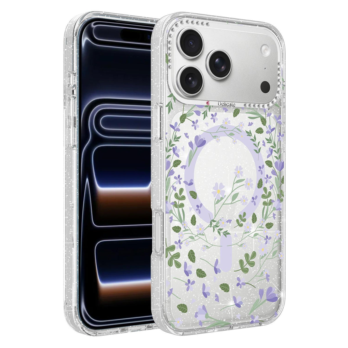 Compatible with iPhone 18 Pro Max Flower Pattern IMD Glitter Magnetic Phone Case - Purple Ivy