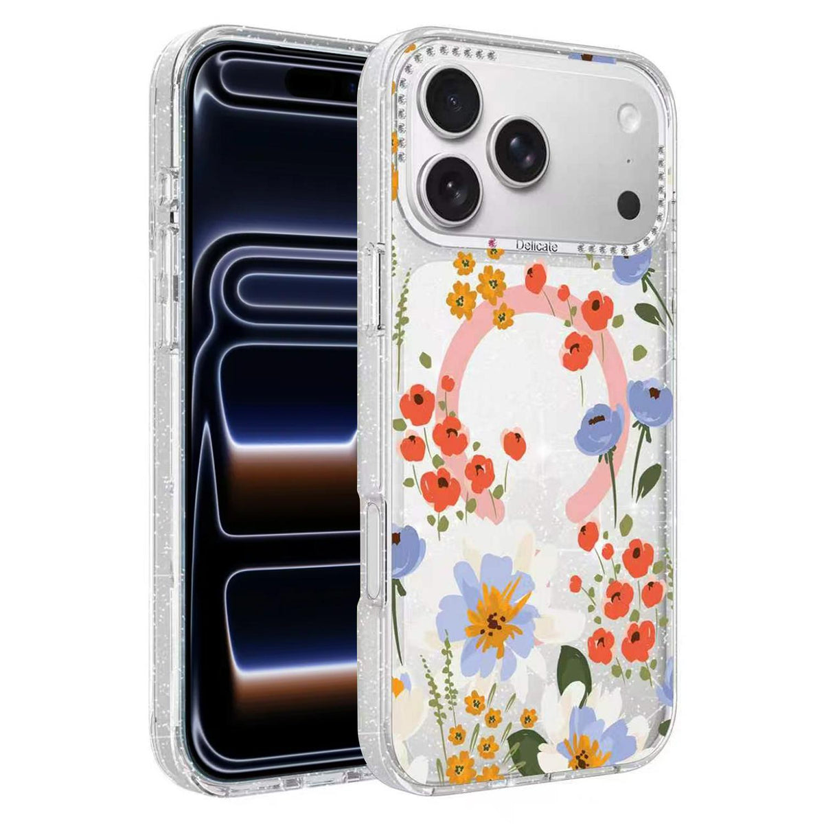 Compatible with iPhone 18 Pro Max Flower Pattern IMD Glitter Magnetic Phone Case - Warm Orange Blossom