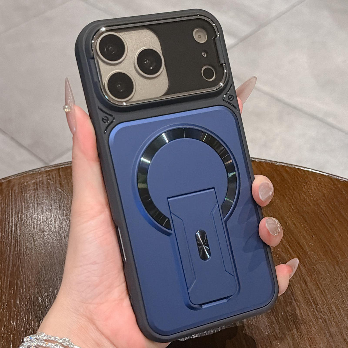 Compatible with iPhone 18 Pro Max Shockproof Lens Cover Magnetic Phone Case with Hidden Holder - Blue