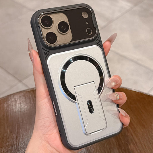 Compatible with iPhone 18 Pro Max Shockproof Lens Cover Magnetic Phone Case with Hidden Holder - Silver